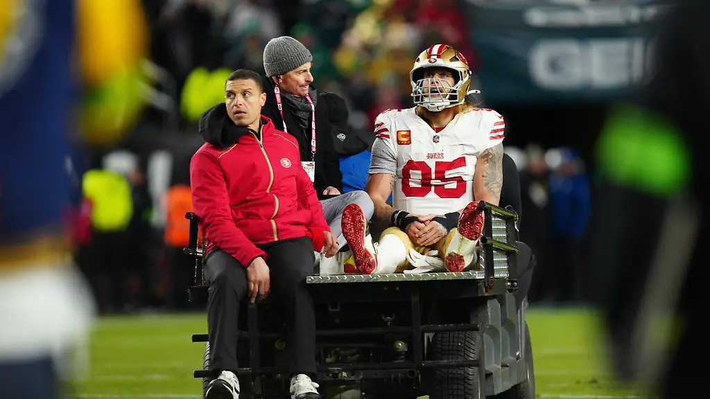 San-Francisco-49ers-tight-end-George-Kittle-85-is-carted-off-the-field-after-an-injury-during-the-first-half-of-an-NFL-wild-card-playoff-football-game-against-the-Philadelphia-Eagles-on-Sunday-Jan-11-2026-in-Philadelphia