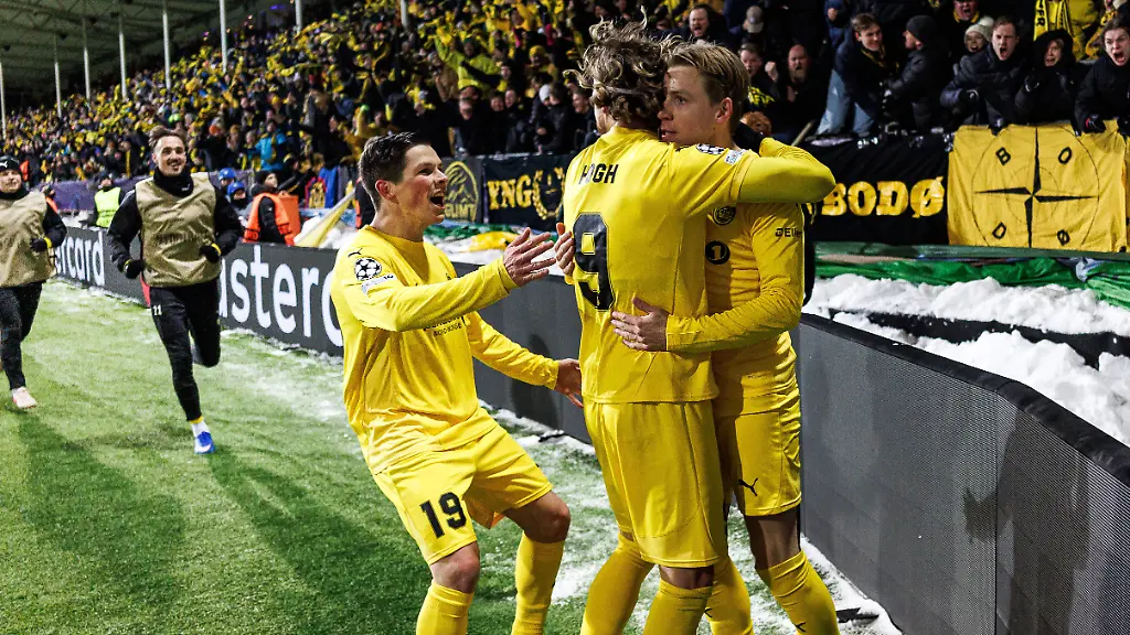 260218-Jens-Petter-Hauge-of-Bodo-Glimt-celebrate-with-teammates-after-2-1-during-the-UEFA-Champions-League-football-match-between-Bodo-Glimt-and-Inter-on-February-18-2026-in-Bodo