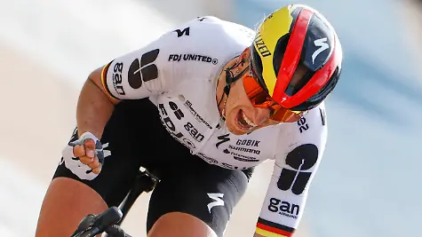 Franziska-Koch-of-Germany-crosses-the-finish-line-to-win-the-women-s-Paris-Roubaix-Femmes-cycling-race-in-Roubaix-France-Sunday-April-12-2026