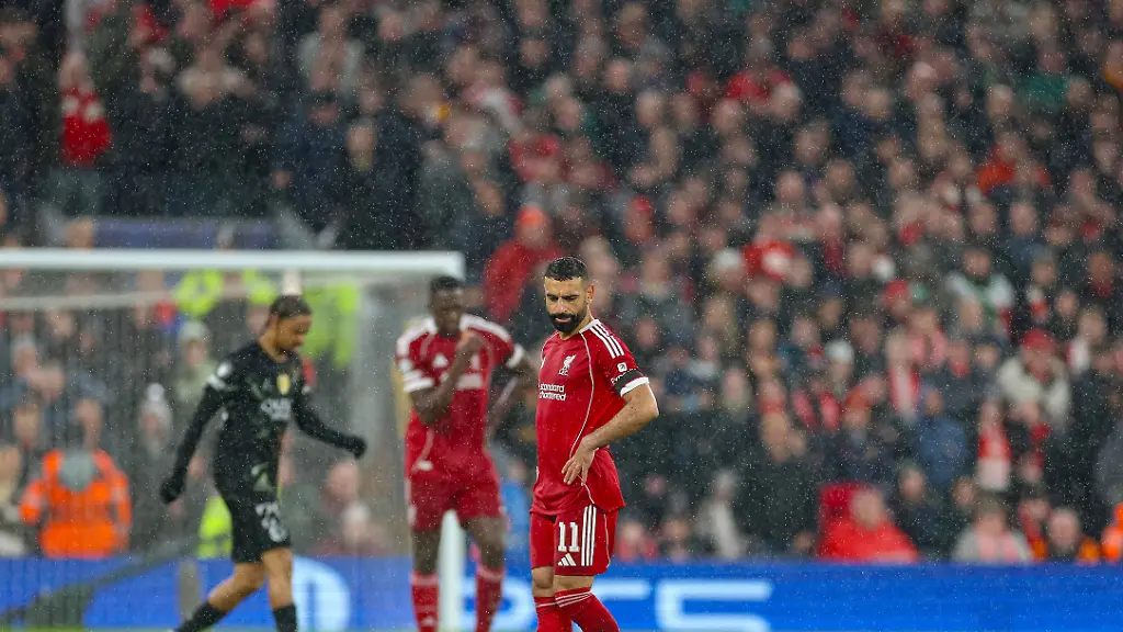 Football-UEFA-Champions-League-Quarter-Final-2nd-Leg-Liverpool-FC-v-Paris-Saint-Germain-FC-LIVERPOOL-ENGLAND-Tuesday-April-14-2026-Liverpool-s-Mohamed-Salah-reacts-to-conceding-the-first-goal-of-the-night-during-the-UEFA-Champions-League-Quarter-Final-2nd-Leg-match-between-Liverpool-FC-and-Paris-Saint-Germain-FC-at-Anfield