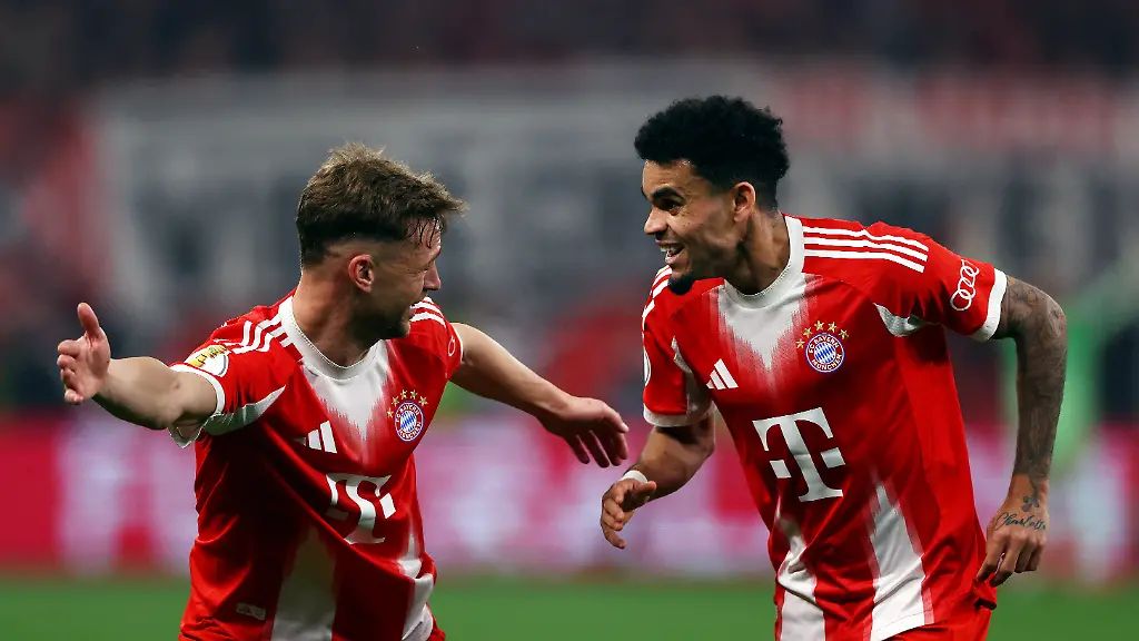 Soccer-Football-DFB-Cup-Semi-Final-Bayer-Leverkusen-v-Bayern-Munich-BayArena-Leverkusen-Germany-April-22-2026-Bayern-Munich-s-Luis-Diaz-celebrates-scoring-their-second-goal-with-Bayern-Munich-s-Joshua-Kimmich-REUTERS-Thilo-Schmuelgen-DFB-REGULATIONS-PROHIBIT-ANY-USE-OF-PHOTOGRAPHS-AS-IMAGE-SEQUENCES-AND-OR-QUASI-VIDEO