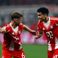 Soccer-Football-DFB-Cup-Semi-Final-Bayer-Leverkusen-v-Bayern-Munich-BayArena-Leverkusen-Germany-April-22-2026-Bayern-Munich-s-Luis-Diaz-celebrates-scoring-their-second-goal-with-Bayern-Munich-s-Joshua-Kimmich-REUTERS-Thilo-Schmuelgen-DFB-REGULATIONS-PROHIBIT-ANY-USE-OF-PHOTOGRAPHS-AS-IMAGE-SEQUENCES-AND-OR-QUASI-VIDEO