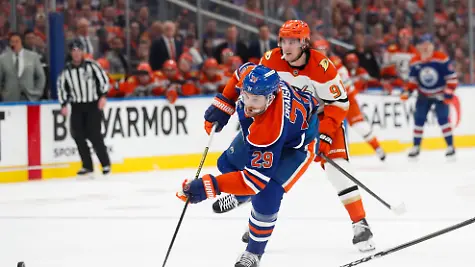 Anaheim-Ducks-Leo-Carlsson-91-pursues-Edmonton-Oilers-Leon-Draisaitl-29-during-the-second-period-of-an-NHL-playoff-game-in-Edmonton-on-Monday-April-20-2026