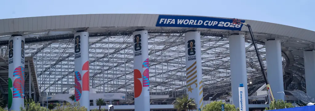 FIFA-World-Cup-2026-signage-is-displayed-on-columns-at-SoFi-Stadium-in-Inglewood