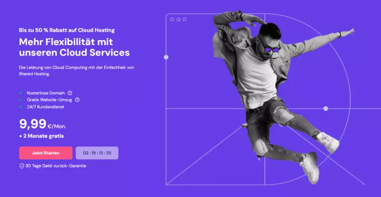 Eine Person springt und daneben steht das Promo-Angebot von Hostinger